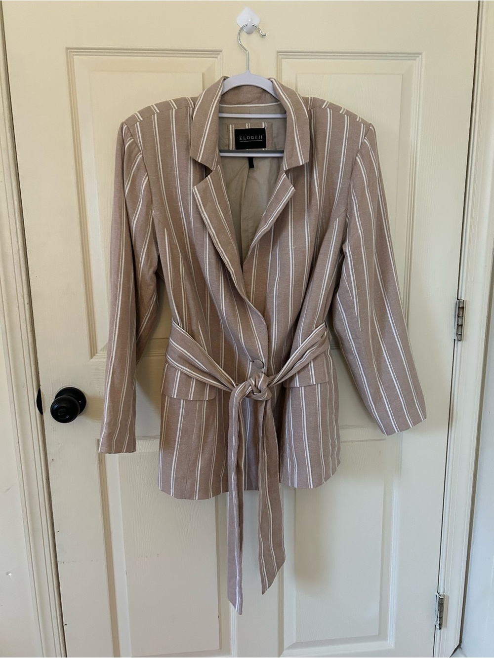 Eloquii Taupe Striped Blazar Jacket Size 20 Linen Cotton Tie Waist Long Line